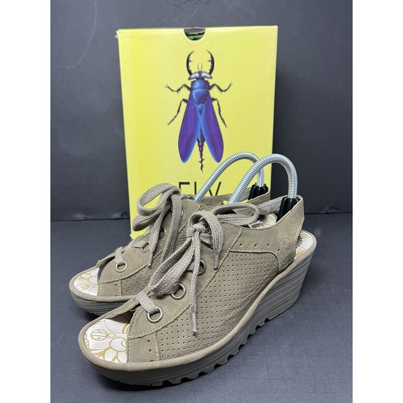 Fly London Shoes - FLY LONDON YUTA CUPIDO Open Toe Lace Up Wedge Sandles Khaki Womens 41 US 10